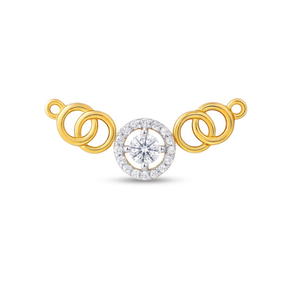 A yellow gold and white gold diamond stud earring featuring a central round-cut diamond surrounded by a halo, with three linked gold rings on each side, set against a plain white background.