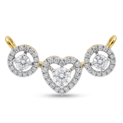 A yellow gold and white gold heart-shaped pendant brooch featuring a central round-cut diamond surrounded by a halo of smaller diamonds, flanked by two matching circular diamond clusters on a white background.
