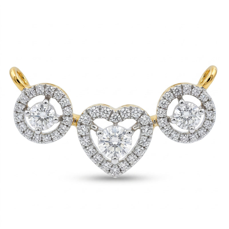 A yellow gold and white gold heart-shaped pendant brooch featuring a central round-cut diamond surrounded by a halo of smaller diamonds, flanked by two matching circular diamond clusters on a white background.