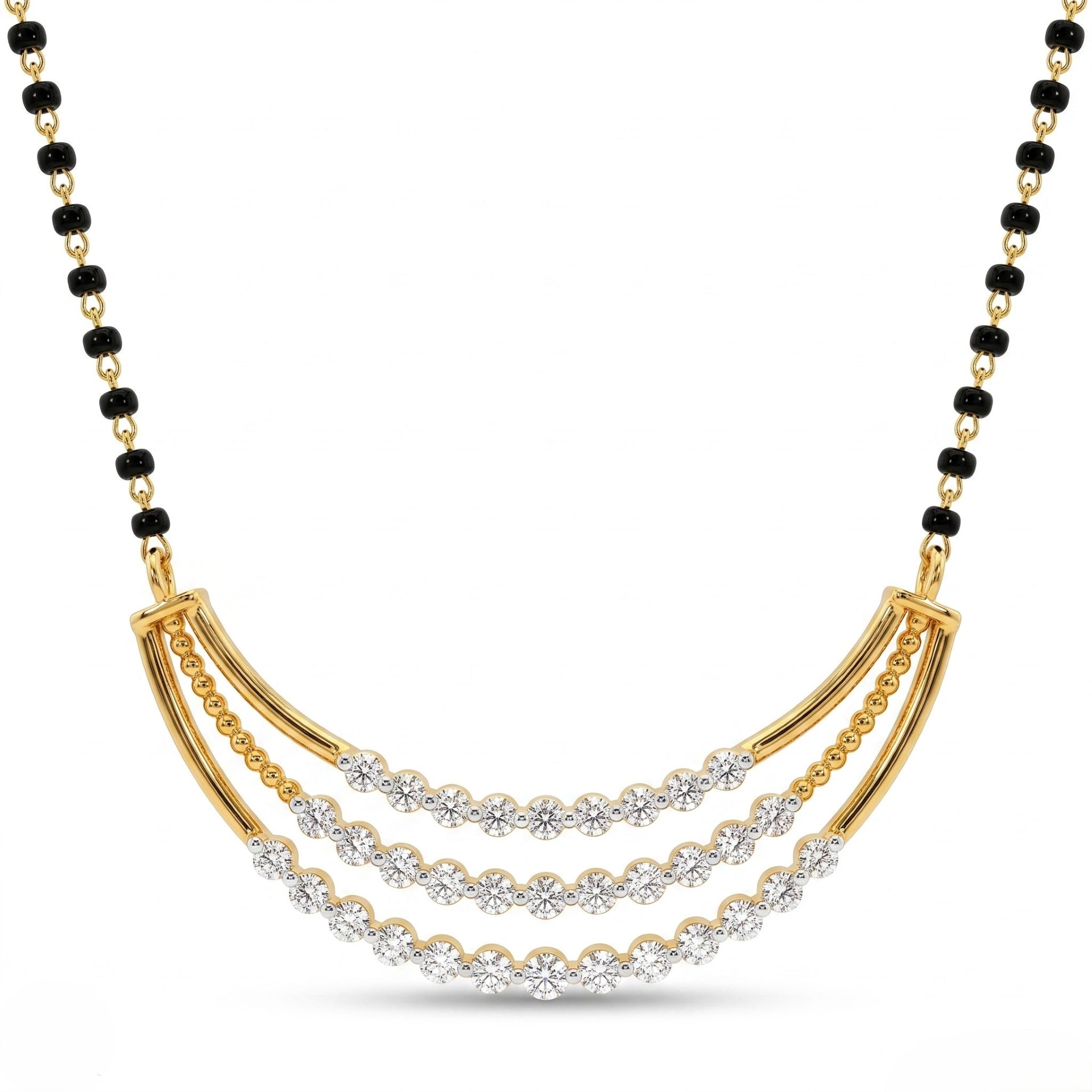A gold and black beaded necklace with a curved triple-row diamond pendant on a clean white background.