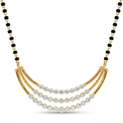 A gold and black beaded necklace with a curved triple-row diamond pendant on a clean white background.