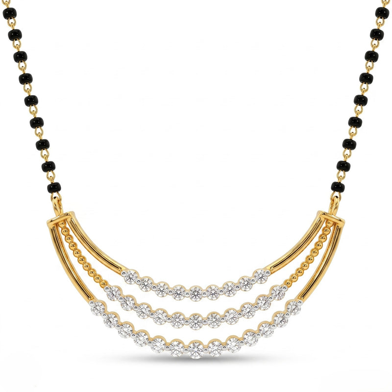 A gold and black beaded necklace with a curved triple-row diamond pendant on a clean white background.