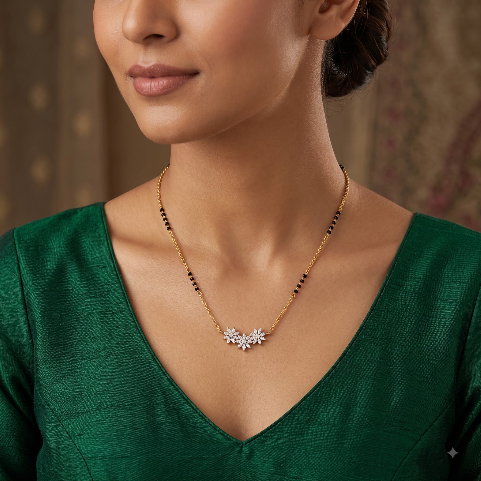 A close-up of a woman wearing a delicate gold necklace with a silver-toned floral pendant and small black beads, paired with a dark green V-neck top.