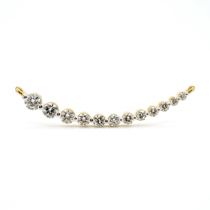 A delicate curved tennis bracelet featuring alternating round-cut clear gemstones in white metal and yellow gold settings, displayed against a solid white background.