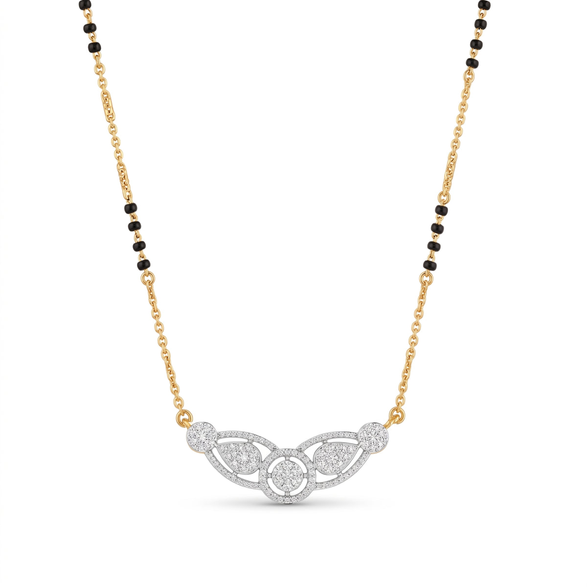 A gold and white gold beaded necklace with a central pavé diamond pendant, displayed on a clean white background.