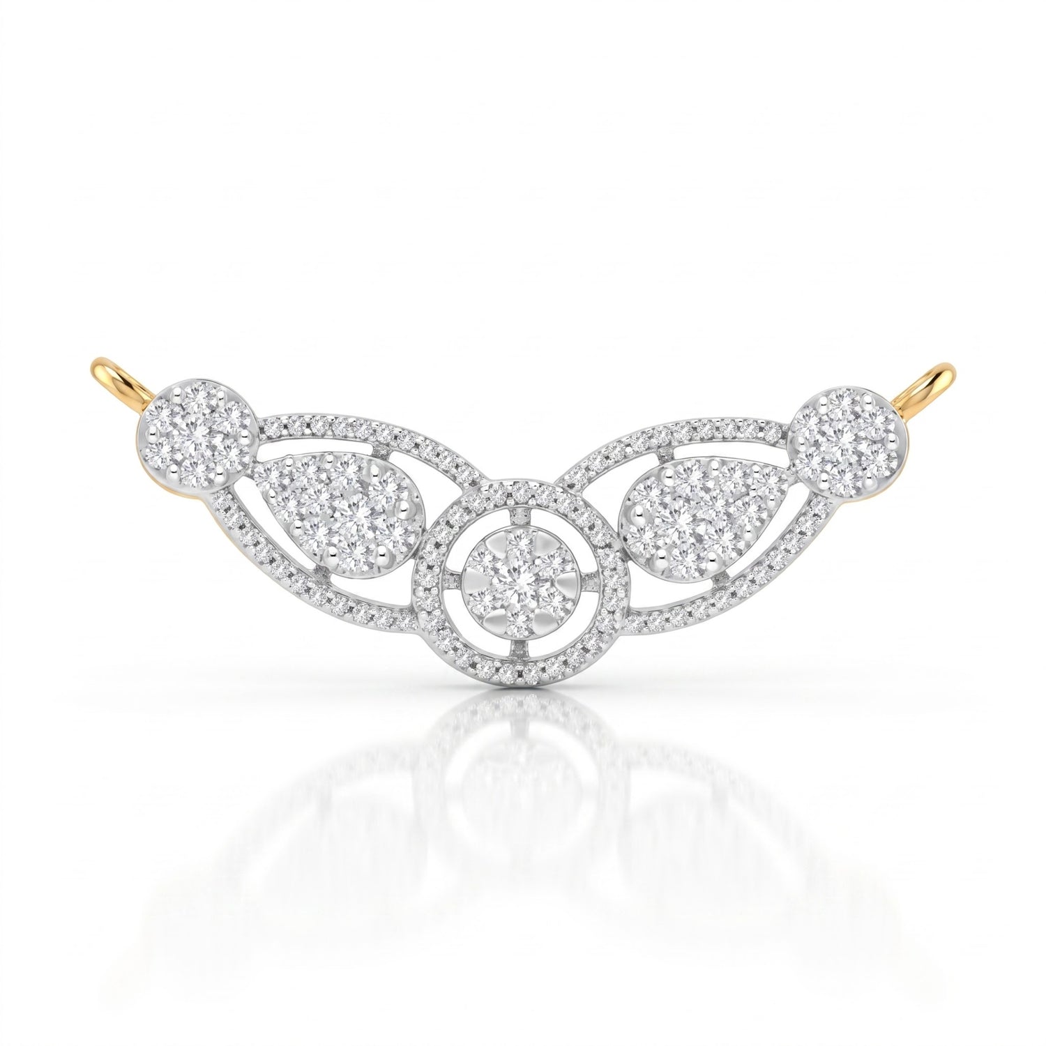 A delicate curved brooch featuring pavé-set diamonds in silver-toned metal with small gold-toned tips, shown on a clean white background with a soft reflection below.