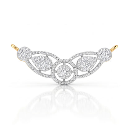A delicate curved brooch featuring pavé-set diamonds in silver-toned metal with small gold-toned tips, shown on a clean white background with a soft reflection below.