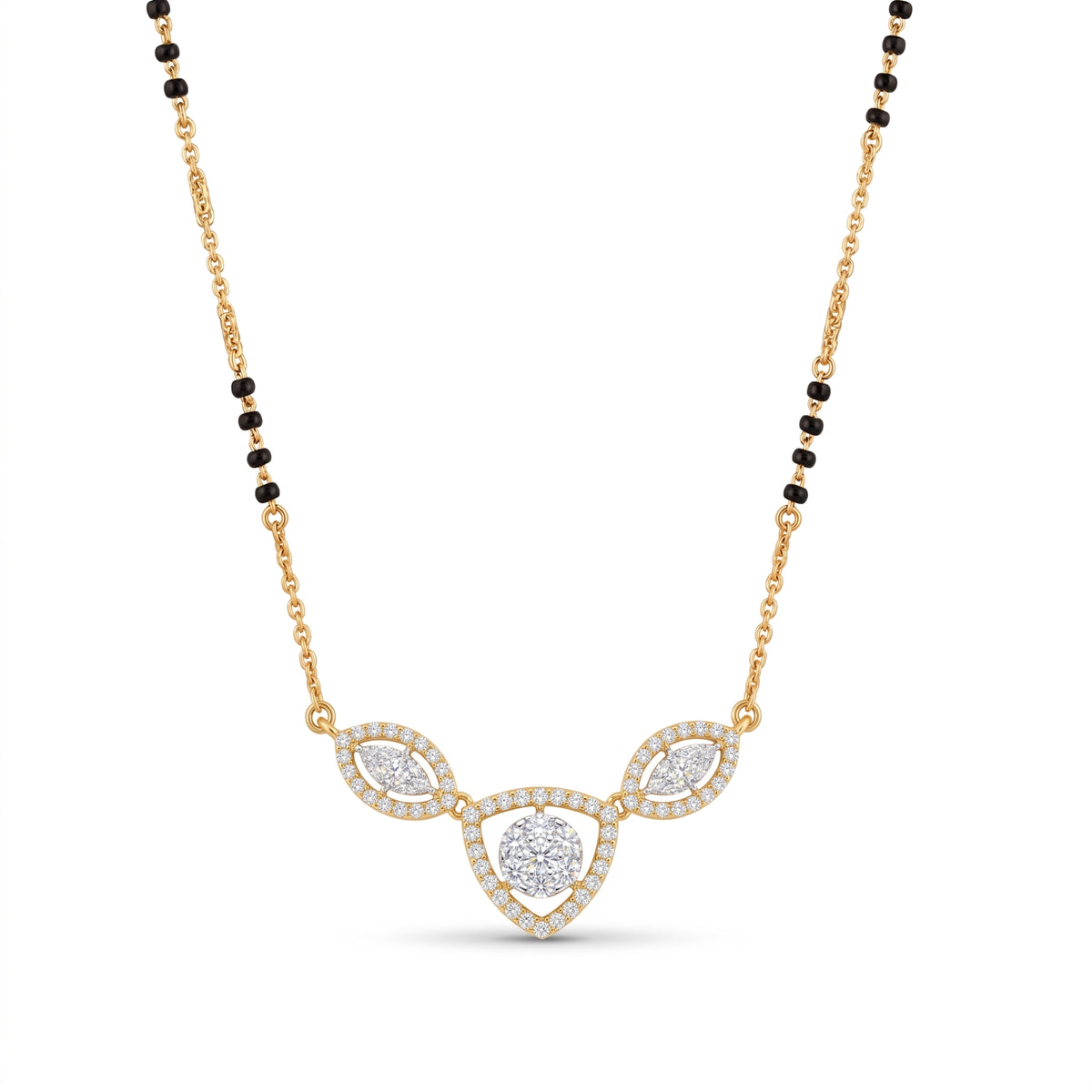 A gold and black beaded necklace with a central pendant featuring three teardrop-shaped clusters of small clear stones, set against a plain white background.