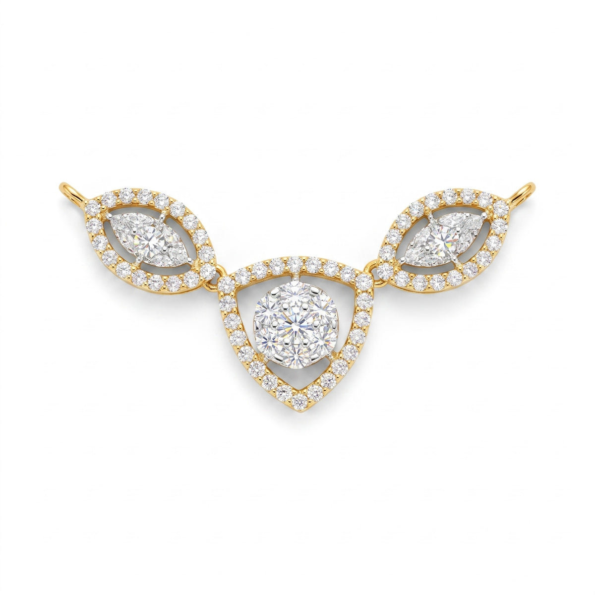 A yellow gold necklace featuring a central teardrop-shaped cluster of round brilliant-cut diamonds surrounded by a halo of smaller diamonds, flanked by two matching marquise-cut diamond clusters on a white background.