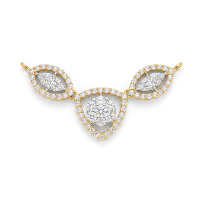 A yellow gold necklace featuring a central teardrop-shaped cluster of round brilliant-cut diamonds surrounded by a halo of smaller diamonds, flanked by two matching marquise-cut diamond clusters on a white background.