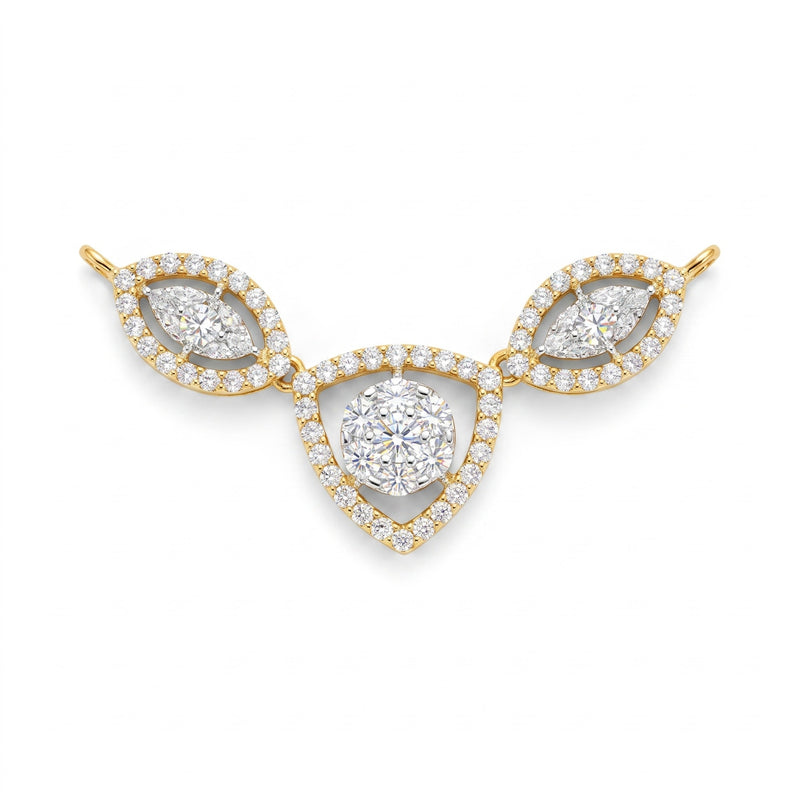 A yellow gold necklace featuring a central teardrop-shaped cluster of round brilliant-cut diamonds surrounded by a halo of smaller diamonds, flanked by two matching marquise-cut diamond clusters on a white background.