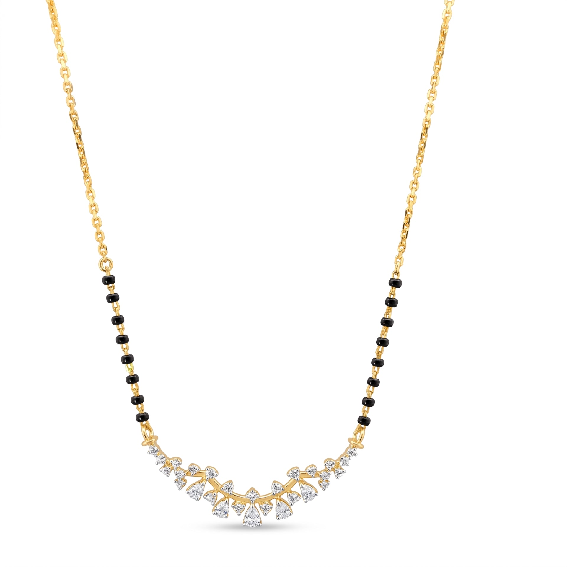 A gold chain necklace featuring a black bead line and a V-shaped pendant adorned with small clear stones and a central diamond-cut stone, shown on a plain white background.