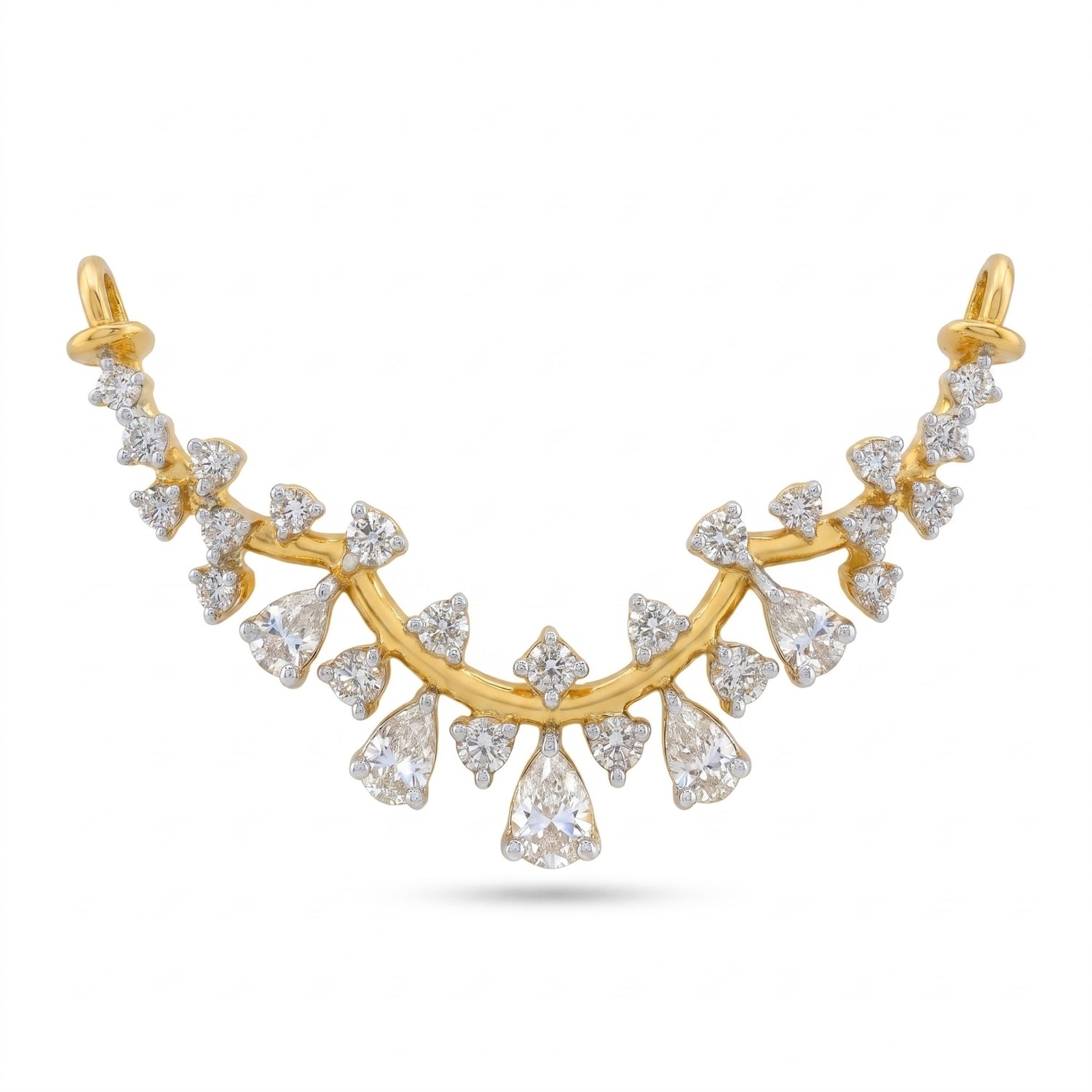 A gold crescent-shaped necklace or pendant featuring multiple rows of clear teardrop and triangular gemstones, displayed on a clean white background.