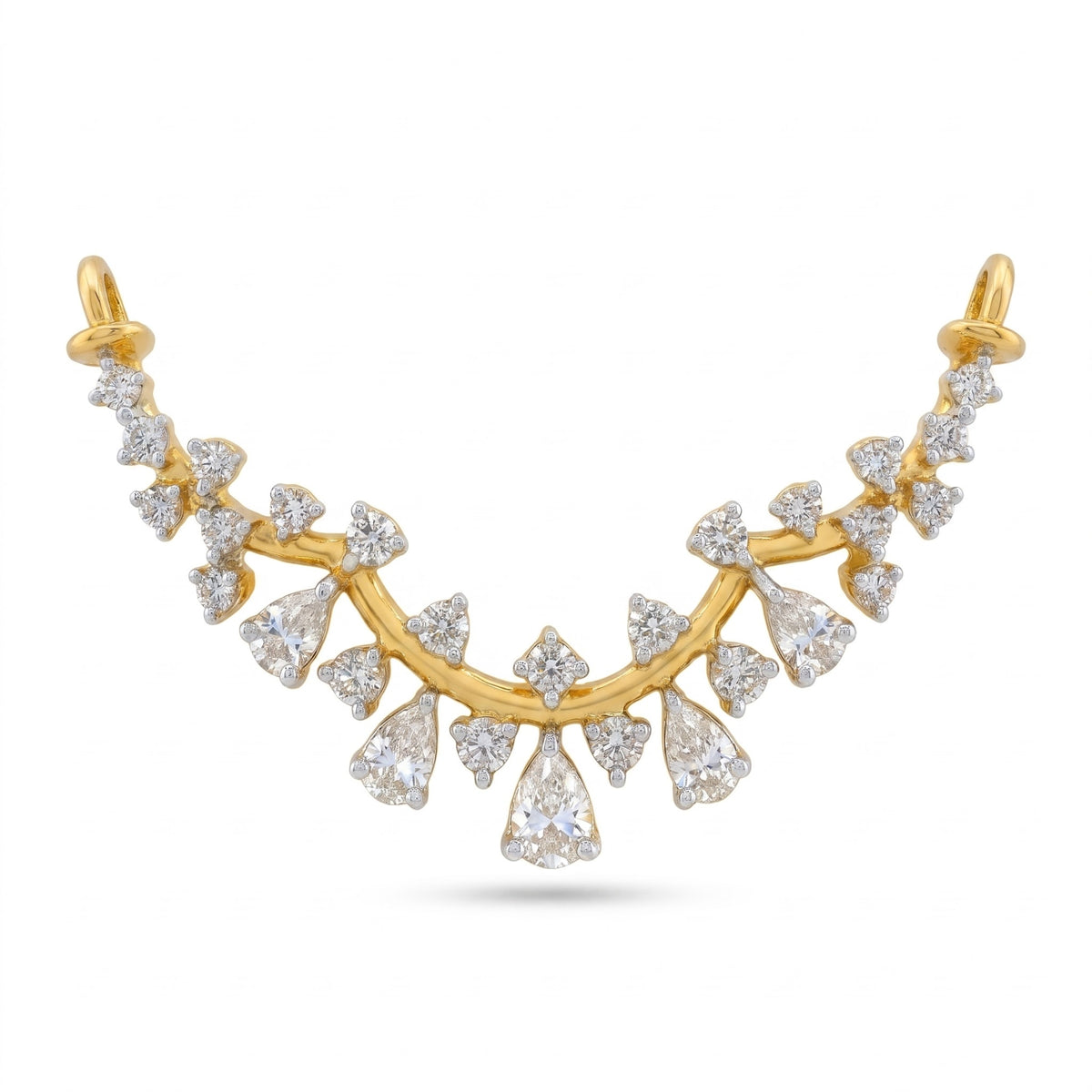 A gold crescent-shaped necklace or pendant featuring multiple rows of clear teardrop and triangular gemstones, displayed on a clean white background.