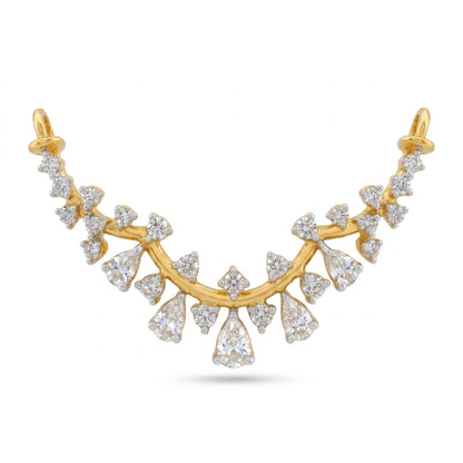 A gold crescent-shaped necklace or pendant featuring multiple rows of clear teardrop and triangular gemstones, displayed on a clean white background.