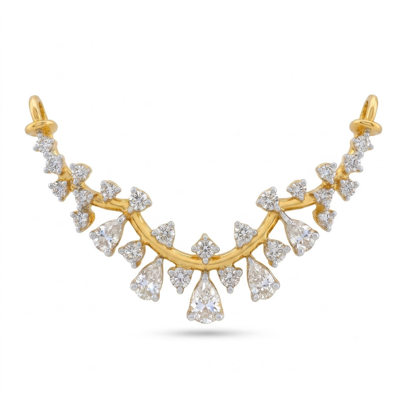 A gold crescent-shaped necklace or pendant featuring multiple rows of clear teardrop and triangular gemstones, displayed on a clean white background.