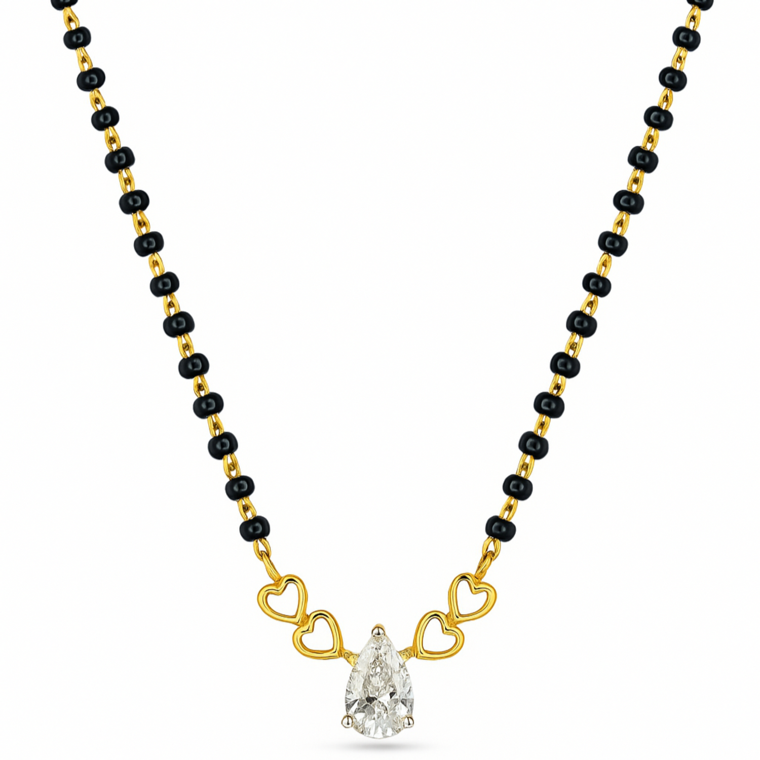 A gold and black beaded necklace featuring a pear-cut clear gemstone pendant held by three gold heart-shaped links, shown on a plain white background.