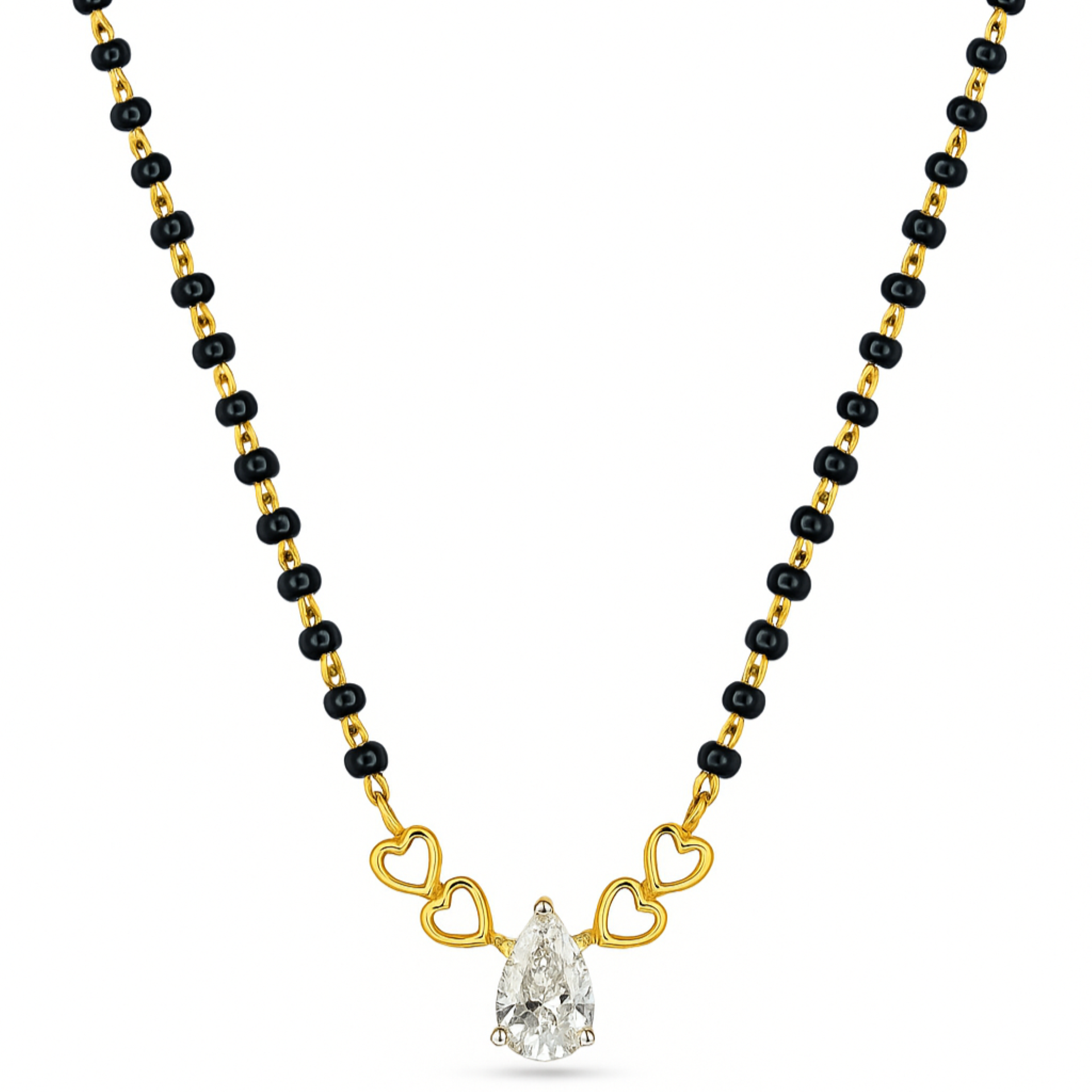 A gold and black beaded necklace featuring a pear-cut clear gemstone pendant held by three gold heart-shaped links, shown on a plain white background.