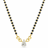 A gold and black beaded necklace featuring a pear-cut clear gemstone pendant held by three gold heart-shaped links, shown on a plain white background.
