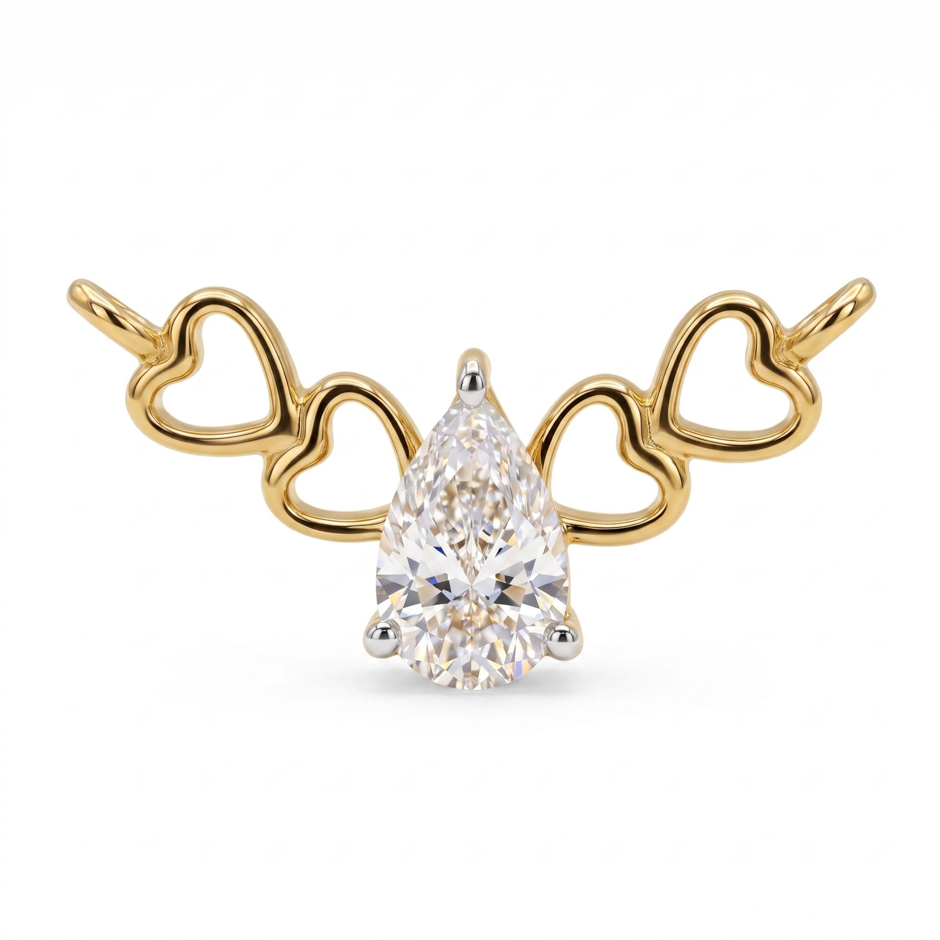 A gold and silver diamond pendant featuring a pear-cut center diamond flanked by three open heart-shaped gold bars, set against a plain white background.