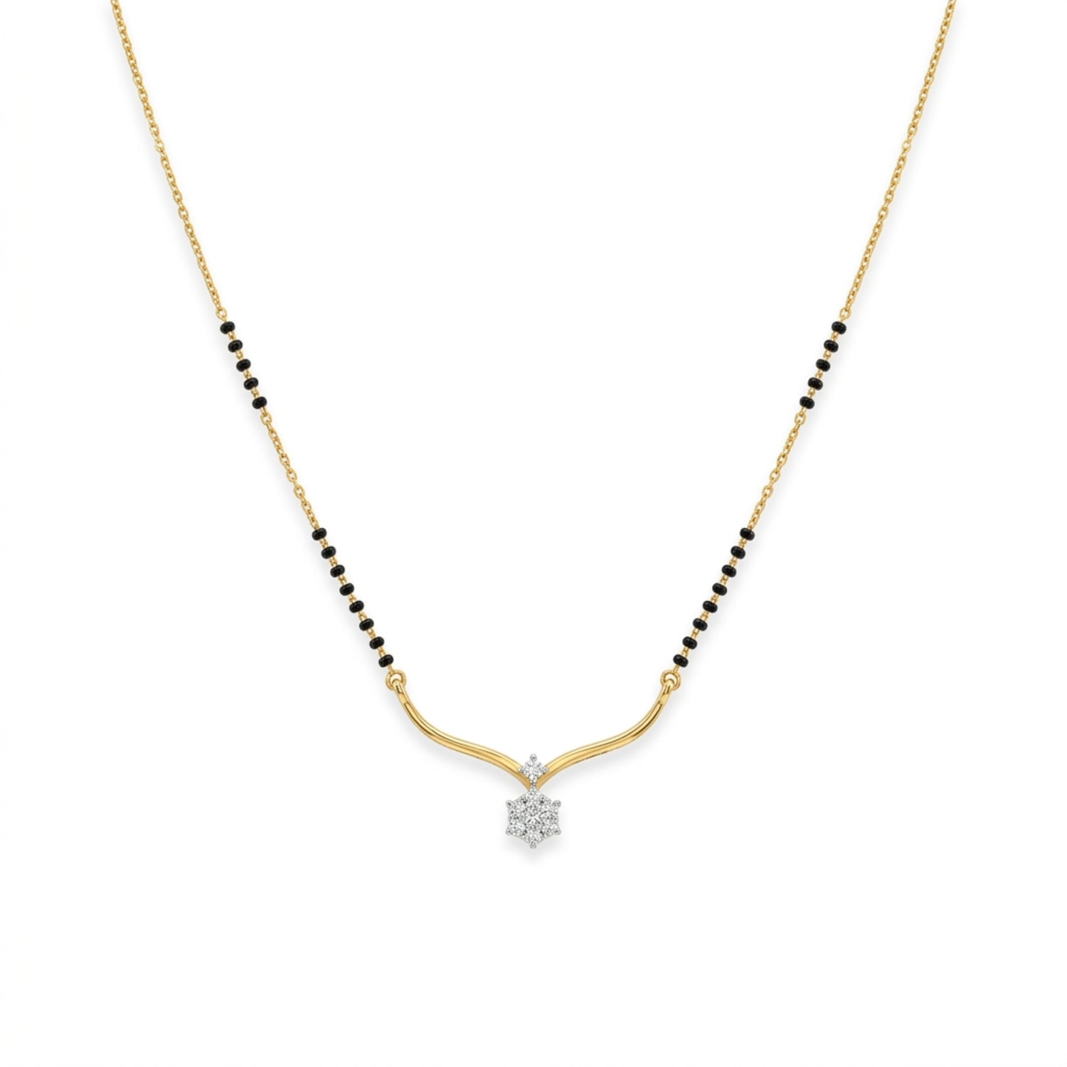 A delicate gold chain necklace featuring a black bead line on either side of a curved gold pendant, with a small clear gemstone at the center holding a star-shaped setting, shown against a plain white background.