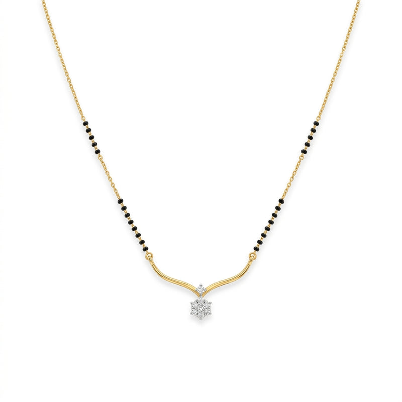 A delicate gold chain necklace featuring a black bead line on either side of a curved gold pendant, with a small clear gemstone at the center holding a star-shaped setting, shown against a plain white background.