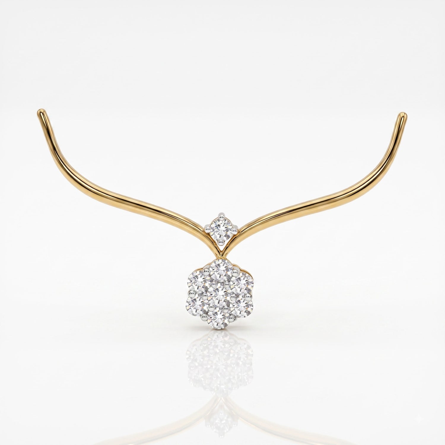 A delicate gold necklace with a curved wing-like design and a central cluster of clear gemstones, shown on a clean white background with a soft reflection below.