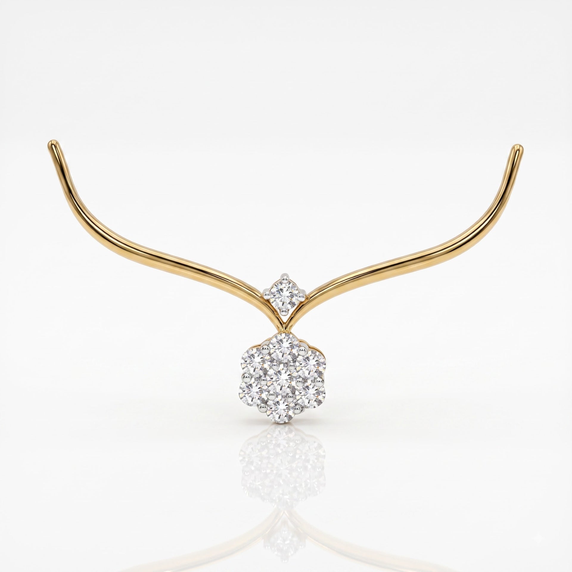 A delicate gold necklace with a curved wing-like design and a central cluster of clear gemstones, shown on a clean white background with a soft reflection below.