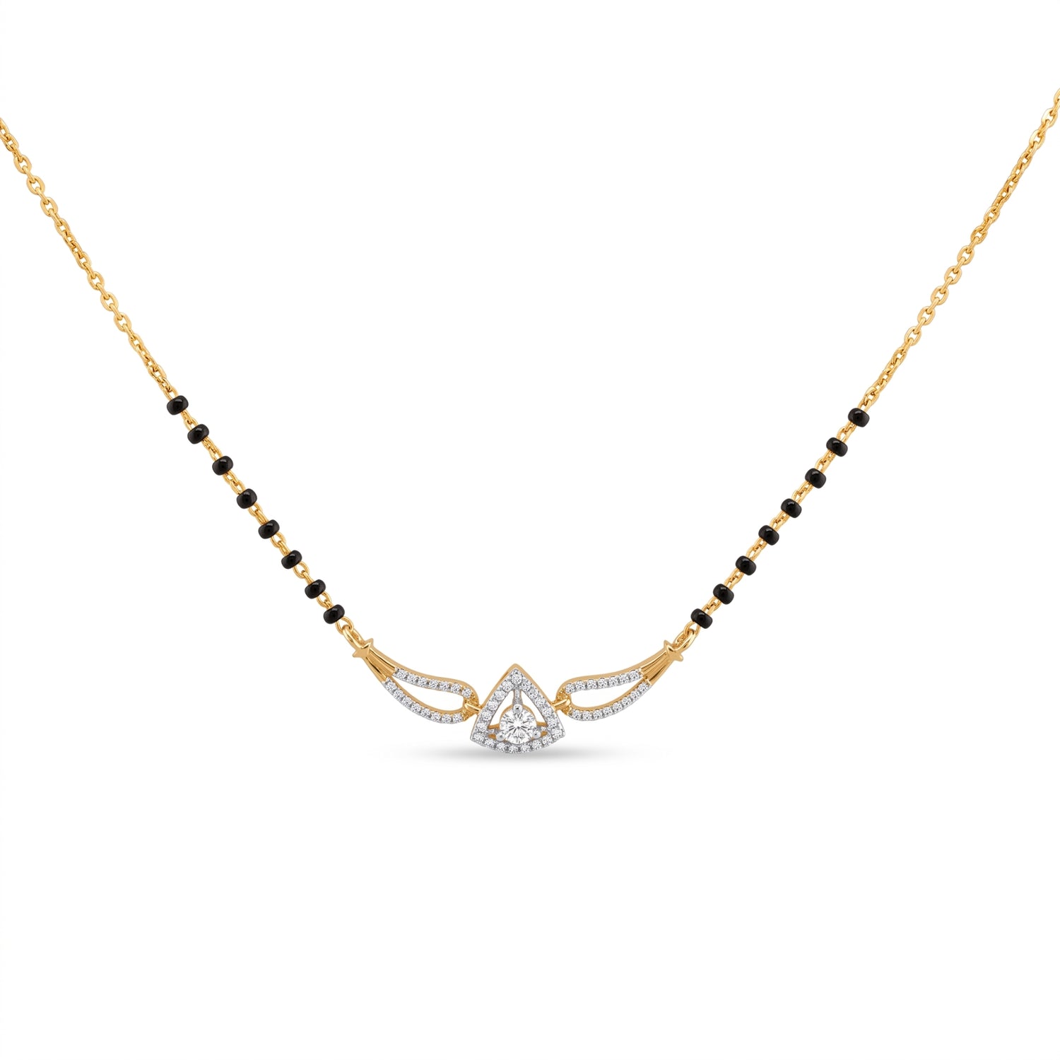 A gold chain necklace featuring a black bead-mannequin style design with a central gold and silver-toned winged pendant set with small clear stones, shown on a plain white background.