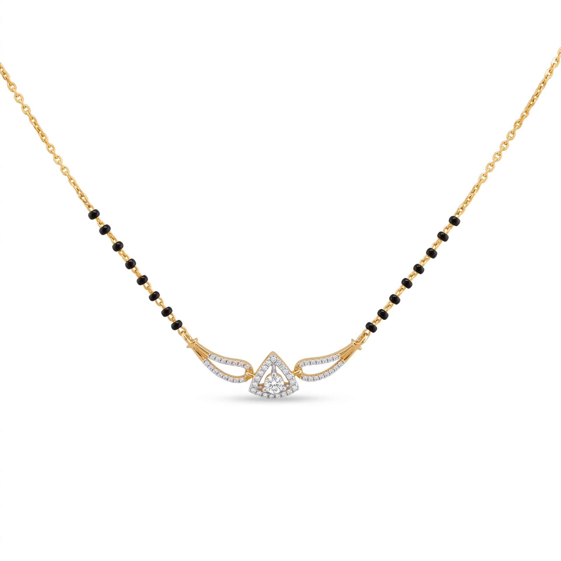 A gold chain necklace featuring a black bead-mannequin style design with a central gold and silver-toned winged pendant set with small clear stones, shown on a plain white background.