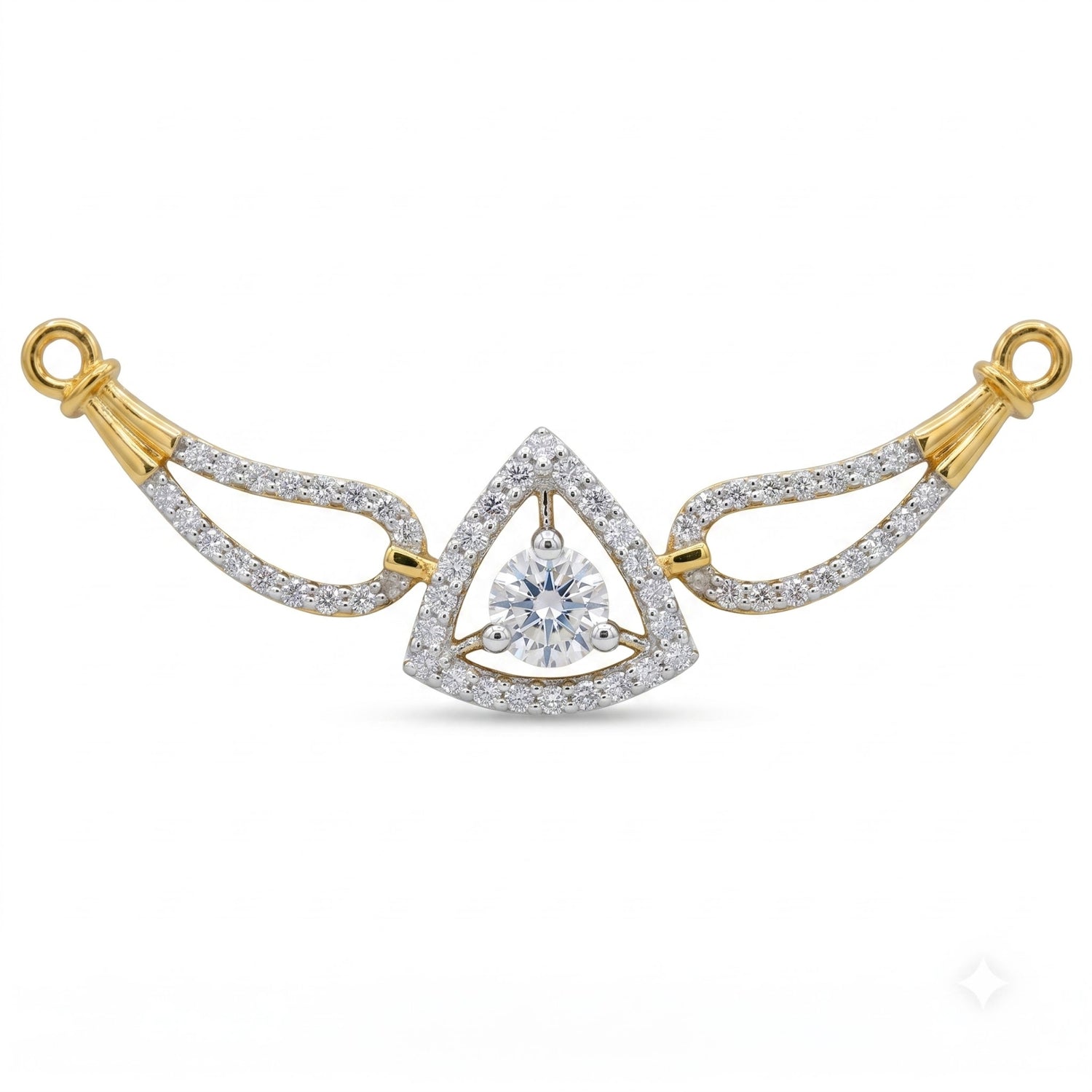 A yellow gold and white gold triangular pendant featuring a central round-cut diamond surrounded by pavé diamonds, with two wing-like side extensions on a plain white background.