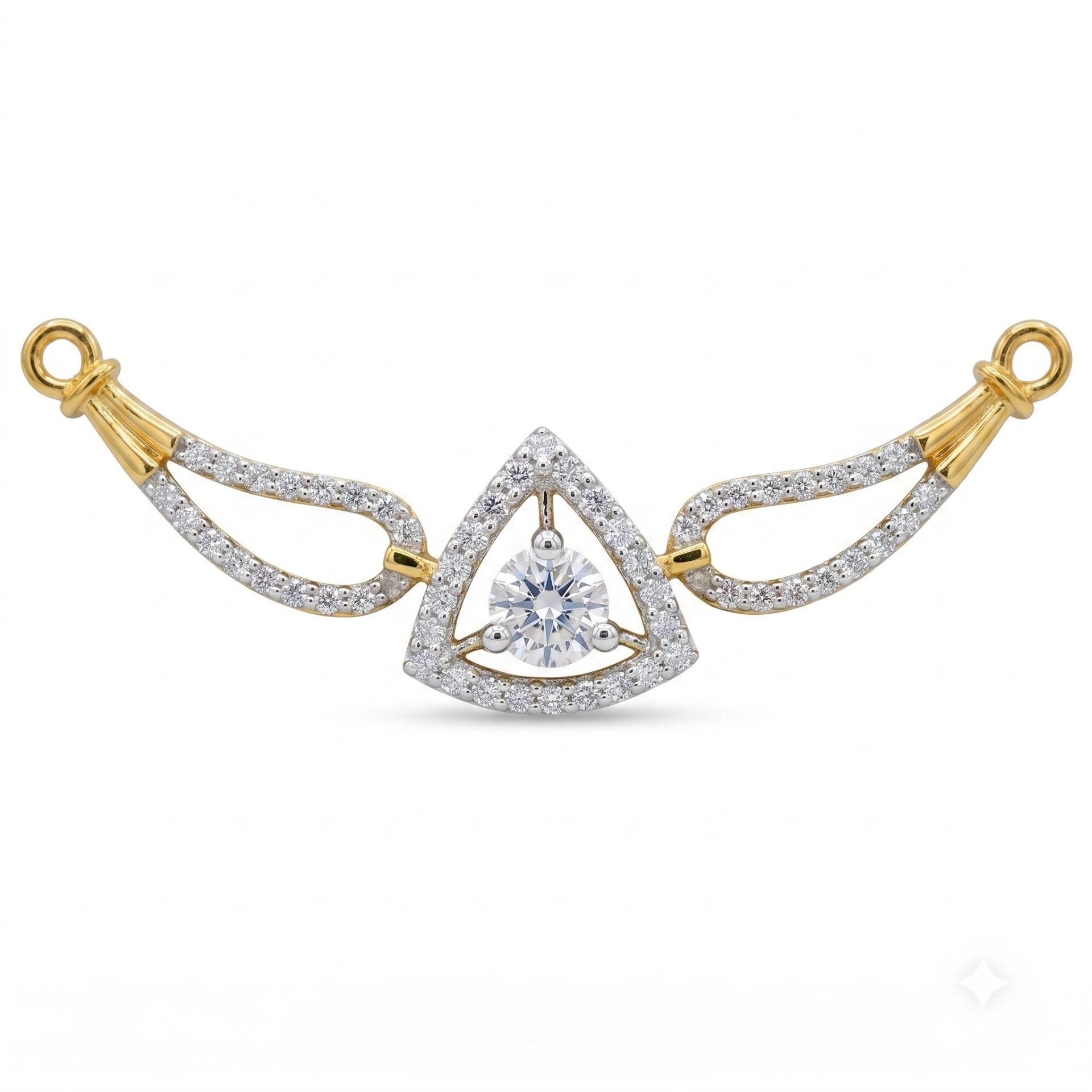 A yellow gold and white gold triangular pendant featuring a central round-cut diamond surrounded by pavé diamonds, with two wing-like side extensions on a plain white background.