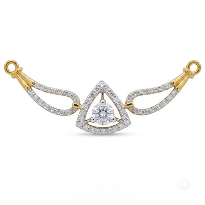 A yellow gold and white gold triangular pendant featuring a central round-cut diamond surrounded by pavé diamonds, with two wing-like side extensions on a plain white background.