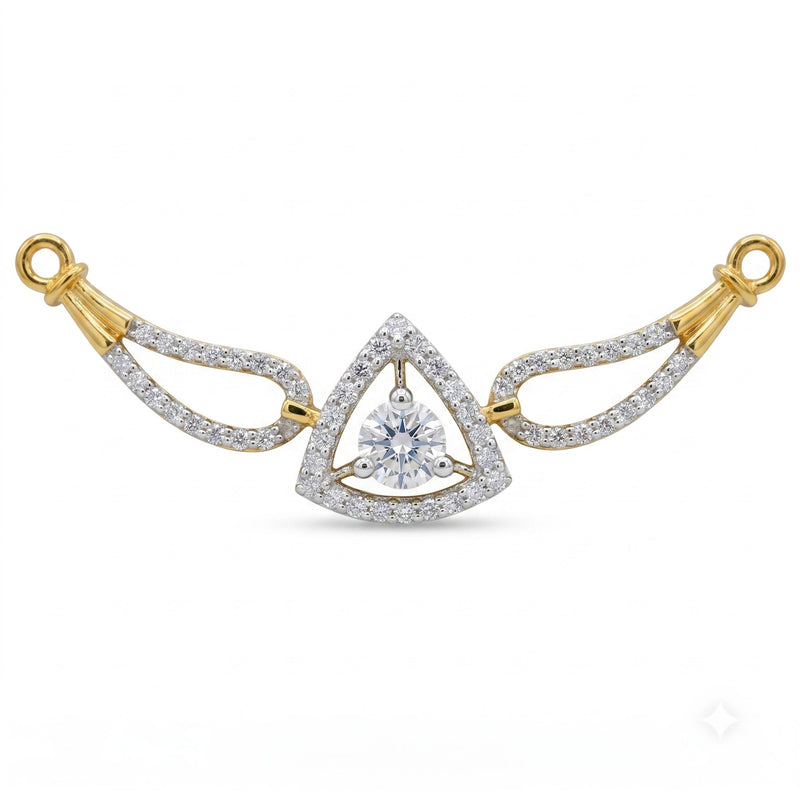 A yellow gold and white gold triangular pendant featuring a central round-cut diamond surrounded by pavé diamonds, with two wing-like side extensions on a plain white background.