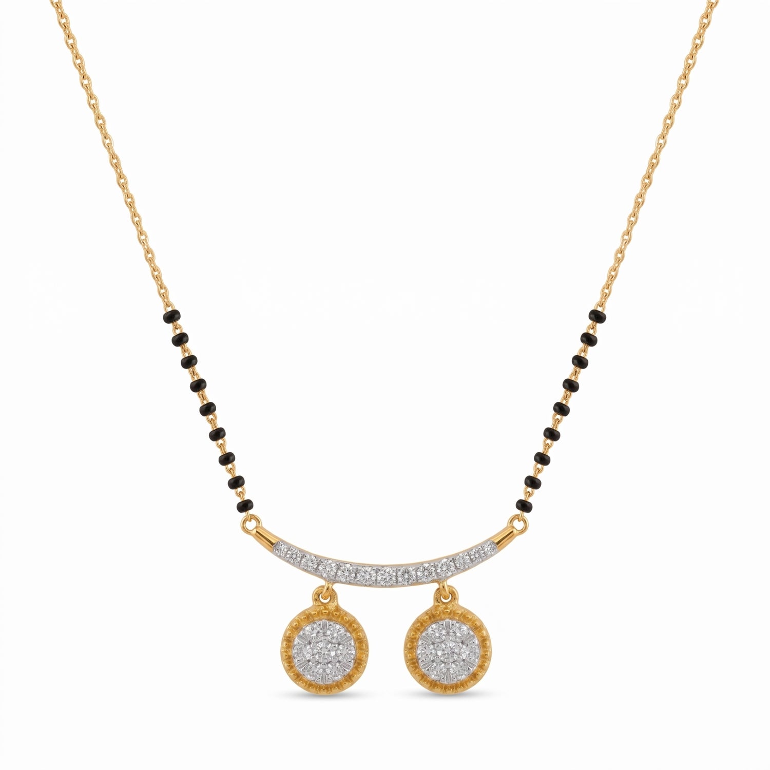 Gold-tone necklace with a black bead chain, a curved pavé bar, and two round drop earrings with clear stones, shown on a white background.