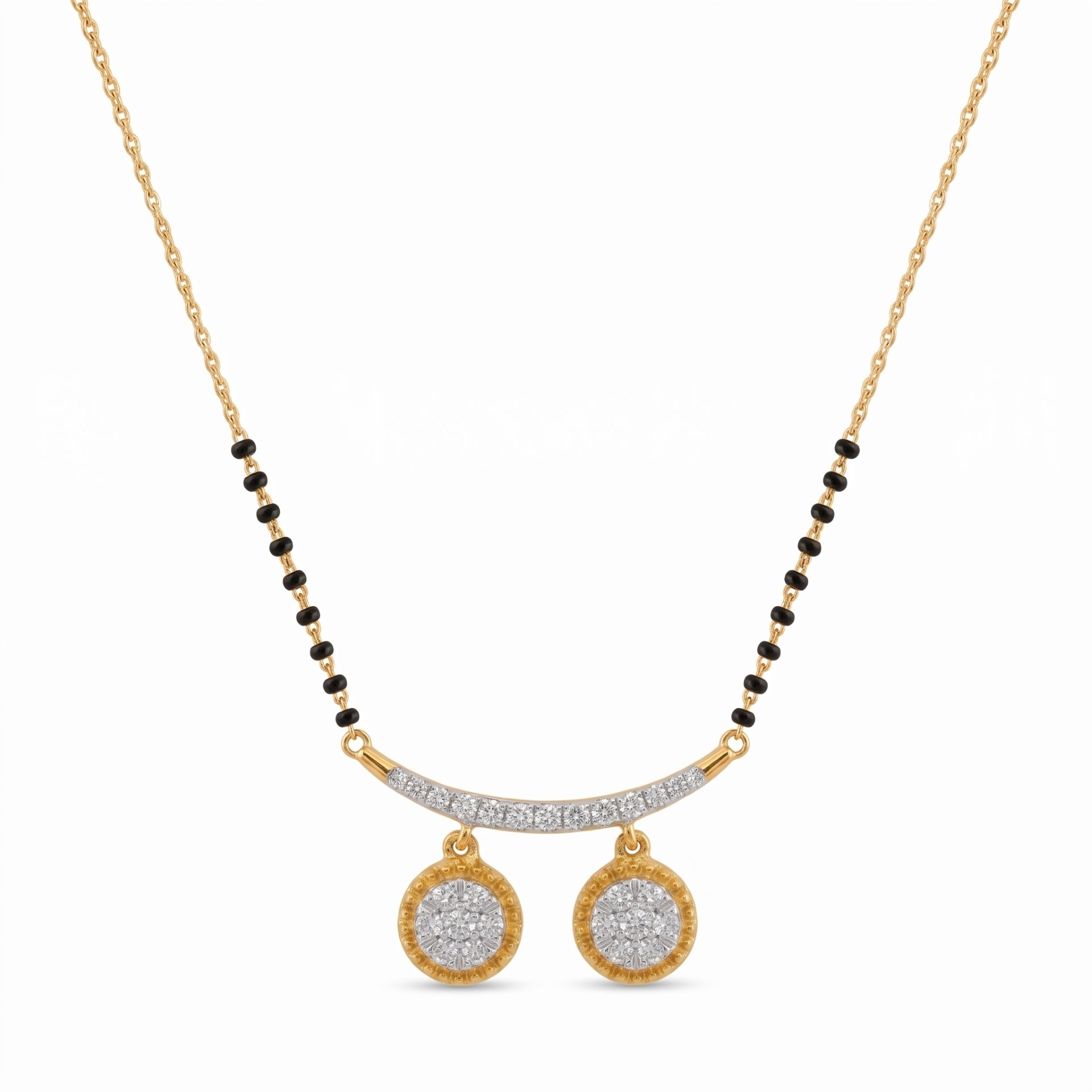 Gold-tone necklace with a black bead chain, a curved pavé bar, and two round drop earrings with clear stones, shown on a white background.