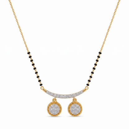 Gold-tone necklace with a black bead chain, a curved pavé bar, and two round drop earrings with clear stones, shown on a white background.