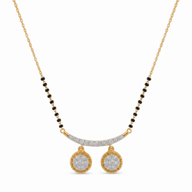 Gold-tone necklace with a black bead chain, a curved pavé bar, and two round drop earrings with clear stones, shown on a white background.