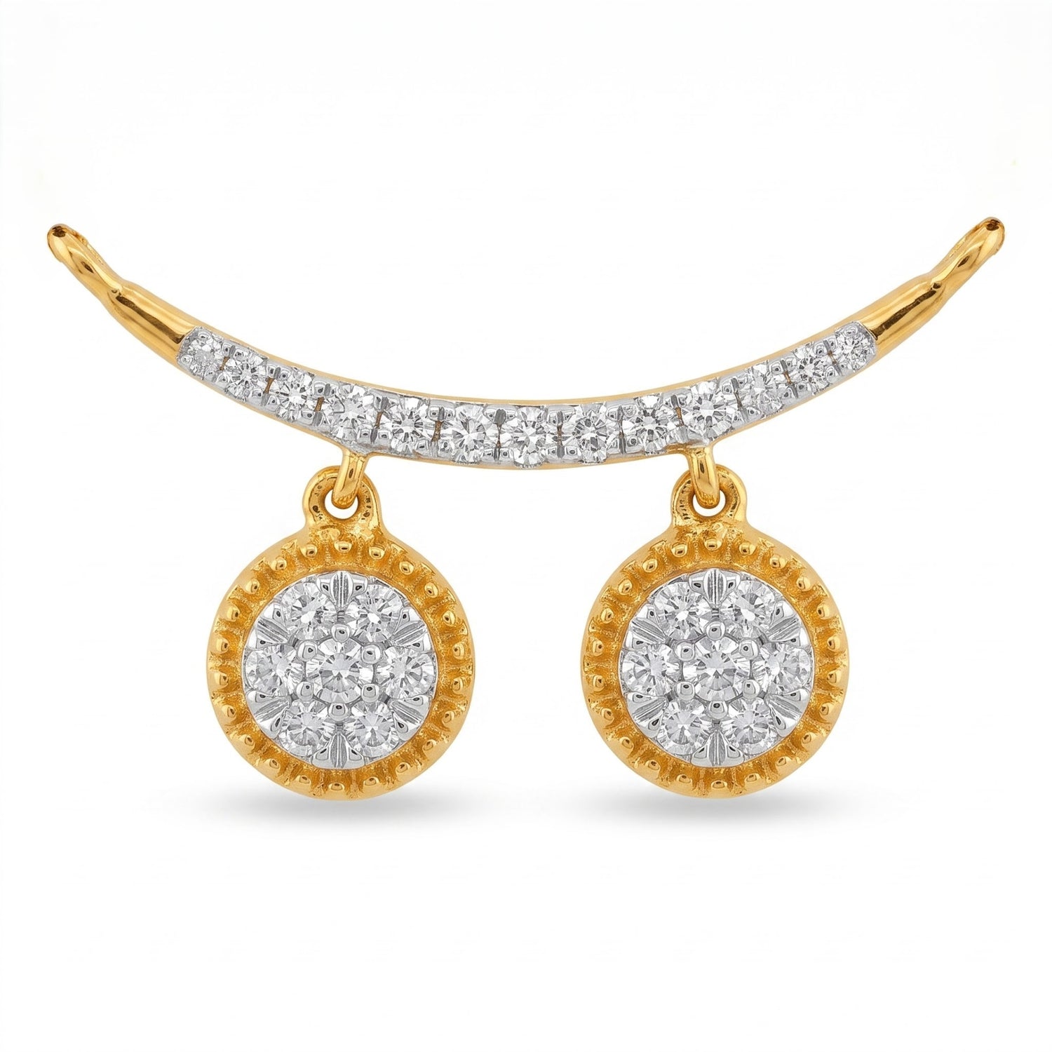 Gold crescent-shaped stud earrings with a row of pavé-set clear stones along the top curve and two round drop pendants, each featuring a halo of small clear stones in a beaded gold border, shown on a white background.