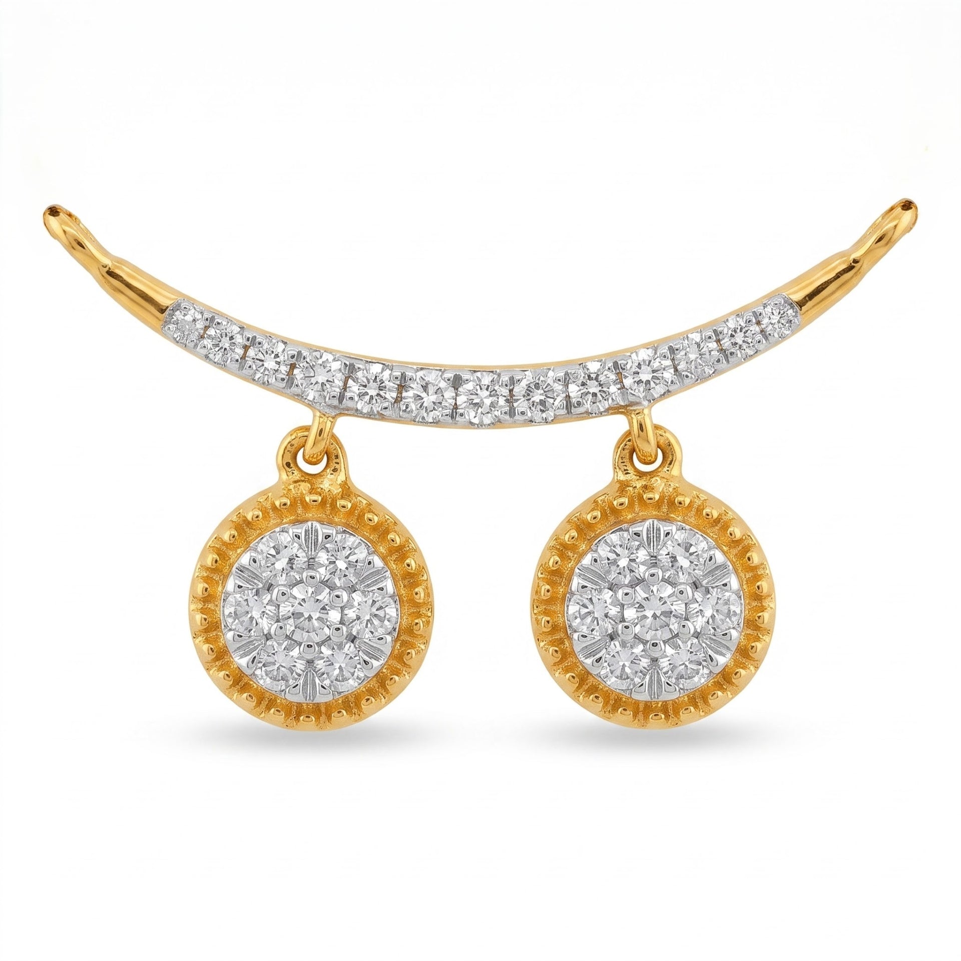Gold crescent-shaped stud earrings with a row of pavé-set clear stones along the top curve and two round drop pendants, each featuring a halo of small clear stones in a beaded gold border, shown on a white background.