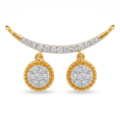 Gold crescent-shaped stud earrings with a row of pavé-set clear stones along the top curve and two round drop pendants, each featuring a halo of small clear stones in a beaded gold border, shown on a white background.