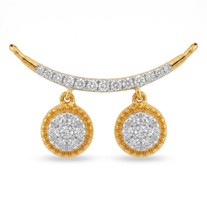 Gold crescent-shaped stud earrings with a row of pavé-set clear stones along the top curve and two round drop pendants, each featuring a halo of small clear stones in a beaded gold border, shown on a white background.