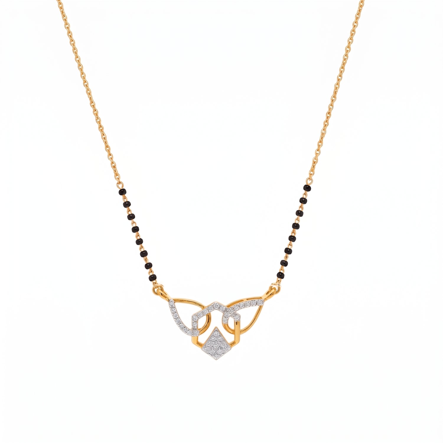 A gold and white gold necklace featuring a beaded chain with a central pendant of interlocking loops, one paved with small clear stones and another with a small diamond pendant, on a white background.