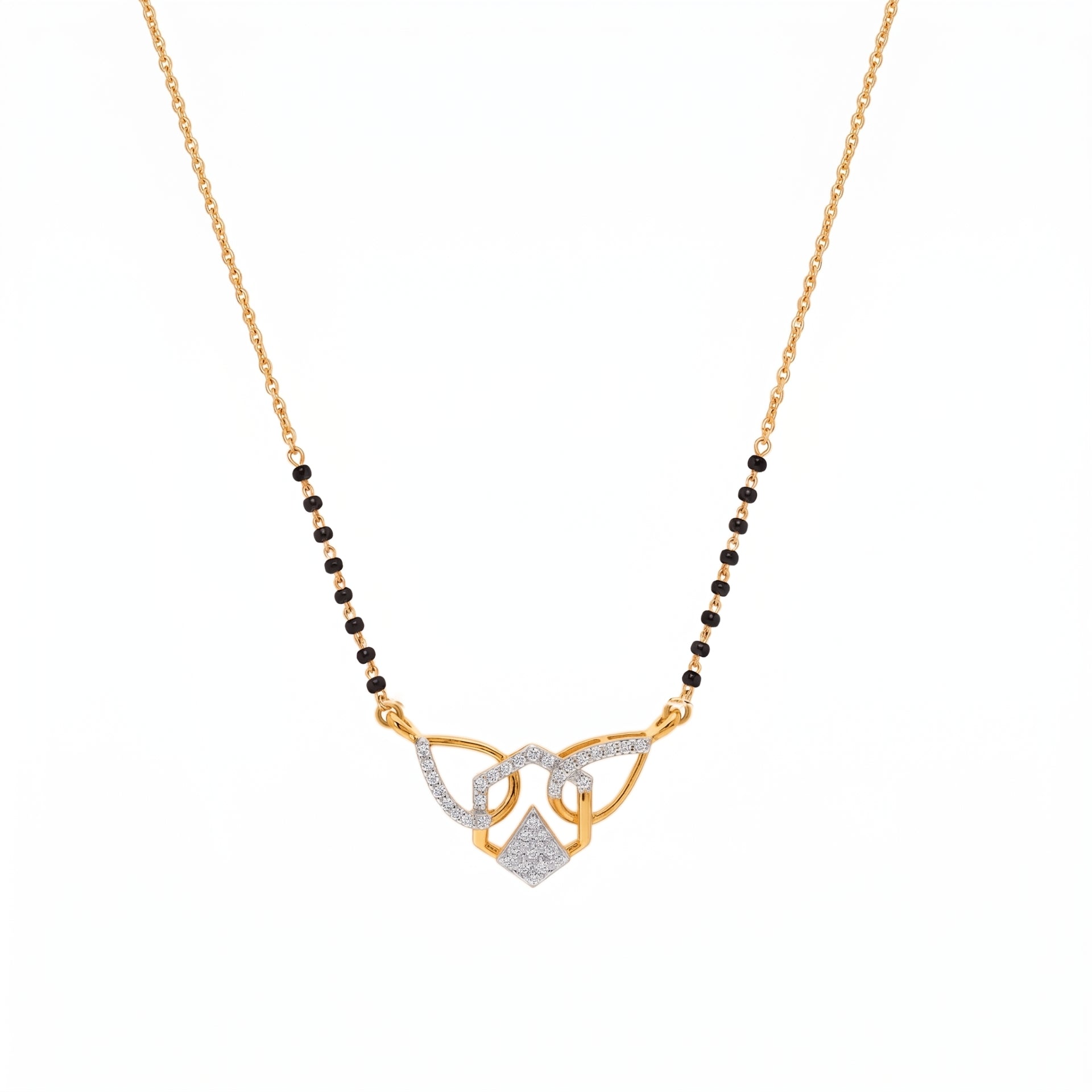 A gold and white gold necklace featuring a beaded chain with a central pendant of interlocking loops, one paved with small clear stones and another with a small diamond pendant, on a white background.