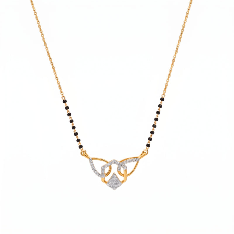 A gold and white gold necklace featuring a beaded chain with a central pendant of interlocking loops, one paved with small clear stones and another with a small diamond pendant, on a white background.