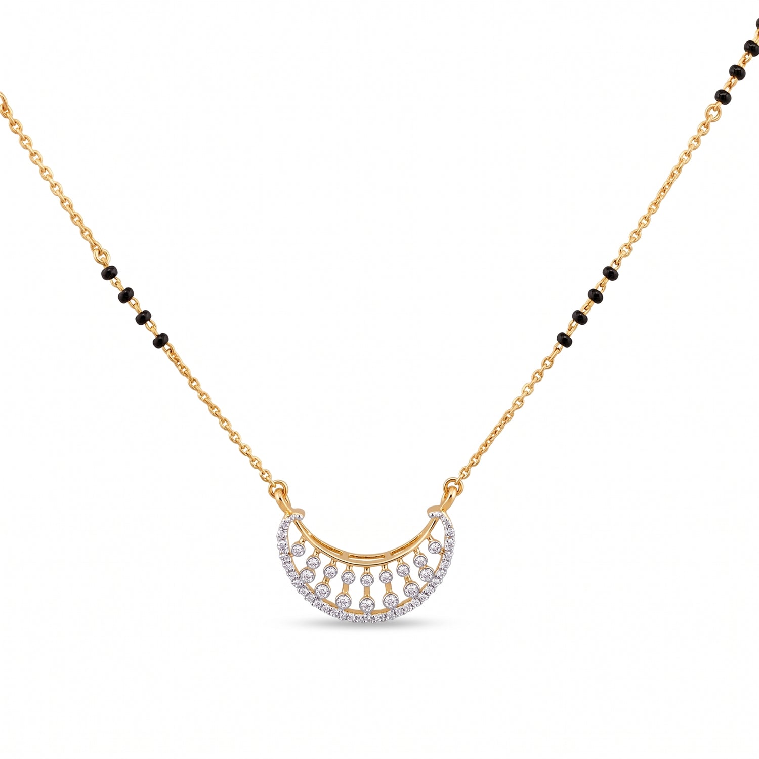 A gold chain necklace featuring a crescent-shaped pendant adorned with small clear stones and black bead accents along the chain, shown on a plain white background.