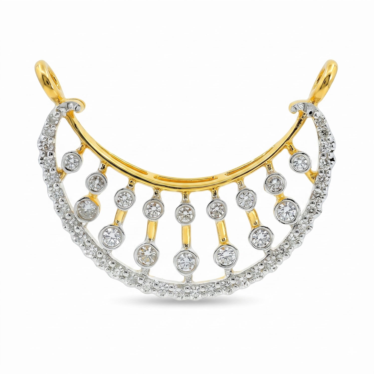 A gold and white gold crescent-shaped brooch decorated with multiple round-cut clear gemstones, set against a plain white background.