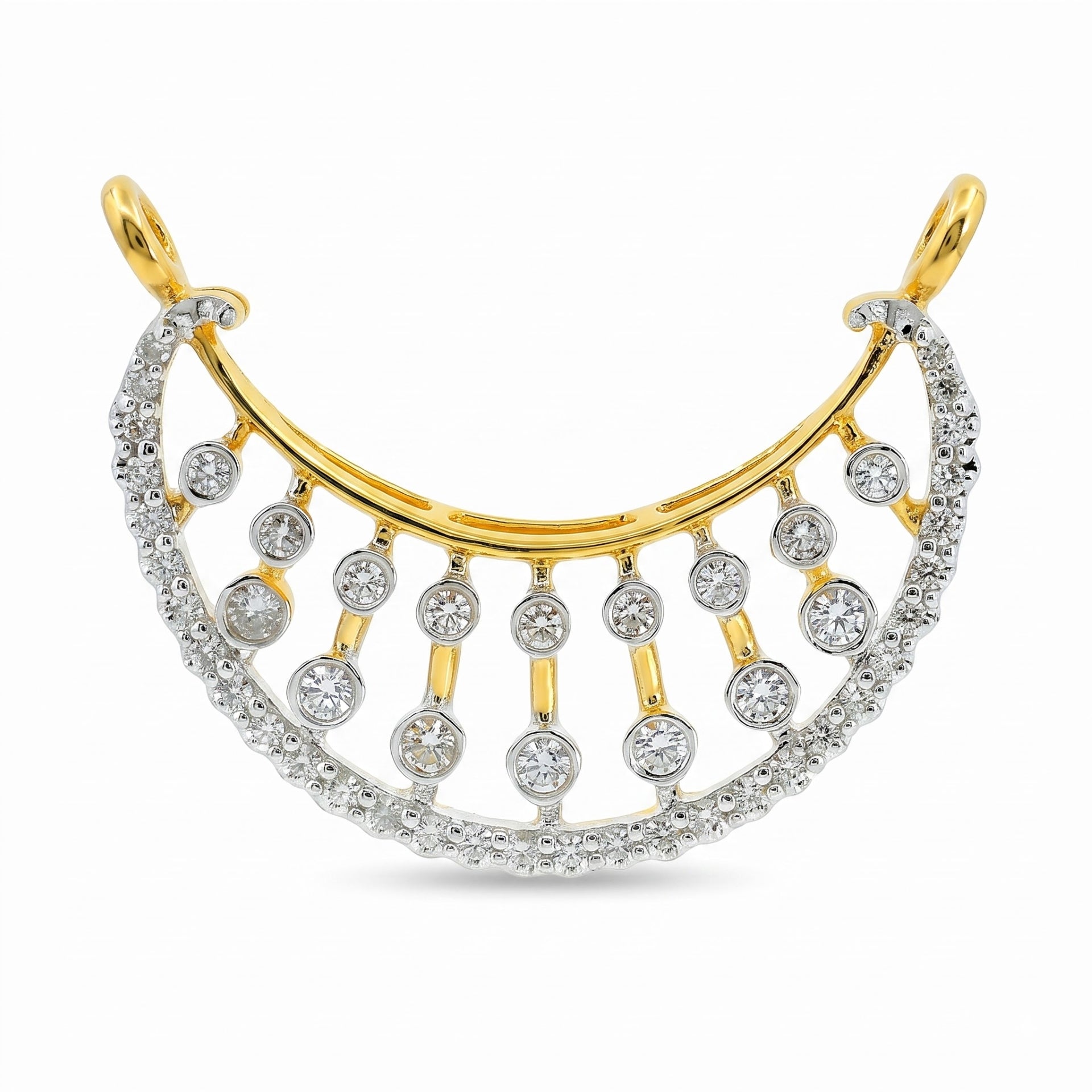A gold and white gold crescent-shaped brooch decorated with multiple round-cut clear gemstones, set against a plain white background.