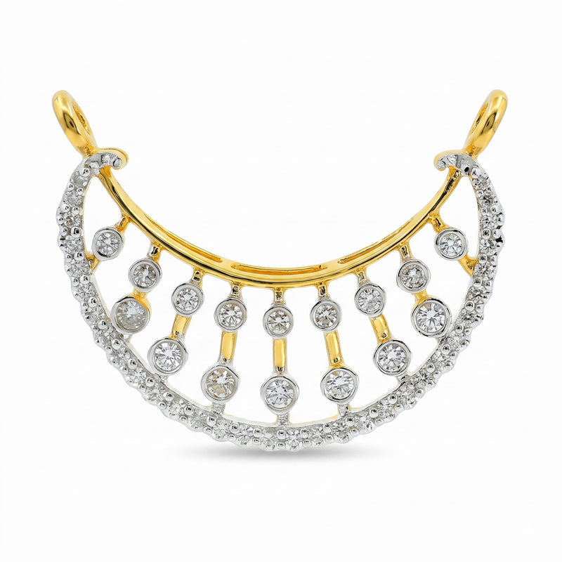 A gold and white gold crescent-shaped brooch decorated with multiple round-cut clear gemstones, set against a plain white background.
