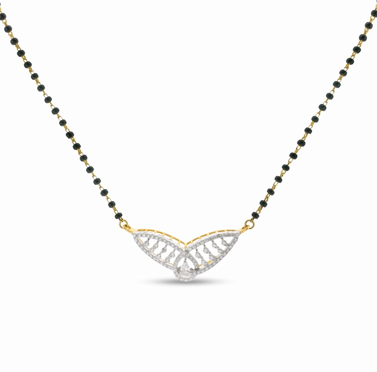 A delicate necklace featuring a black and gold beaded chain with a central wing-shaped pendant. The pendant is paved with clear stones and has a small clear teardrop at the center, suspended from gold-toned loops on a white background.